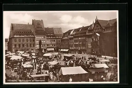 AK Freiberg, Gasthaus Ratskeller am Obermarkt mit Wochenmarkt
