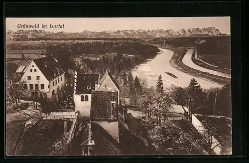 AK Grünwald im Isartal, Uferpartie mit Bergen