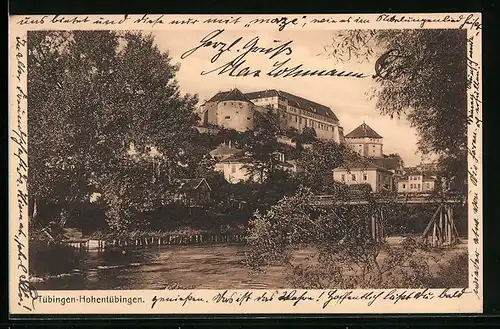 AK Tübingen-Hohentübingen, Uferpartie mit Burg