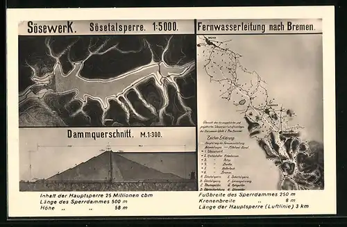 AK Bremen, Sösewerk u. Sösetalsperre, Dammquerschnitt, Fernwasserleitung nach Bremen