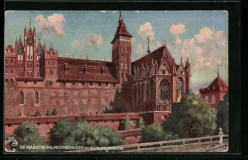 Künstler-AK Marienburg, Die Marienburg - Hochschloss mit Schlosskirche