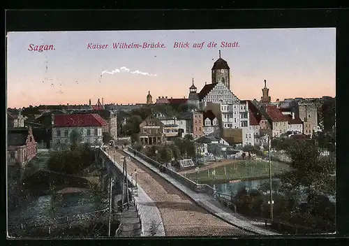 AK Sagan, Kaiser Wilhelm-Brücke und Blick auf die Stadt