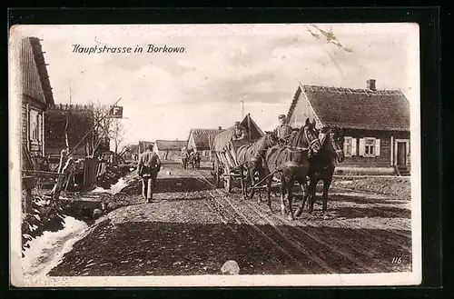 AK Borkowo, Hauptstrasse mit Pferdewägen