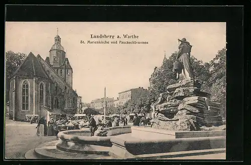 AK Landsberg a. Warthe, St. Marienkirche und Pauckschbrunnen