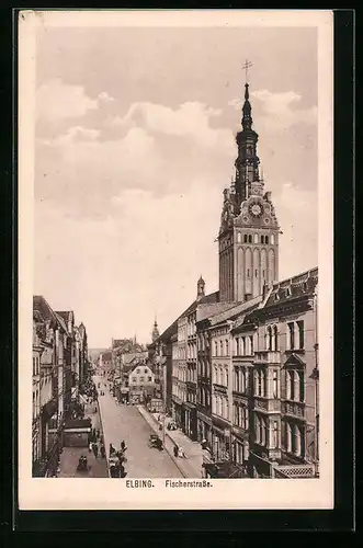 AK Elbing, Ansicht der Fischerstrasse, Rathausturm