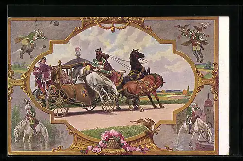 Künstler-AK Paul Hey: Münchhausen, Kutschenszene, Ritt auf der Kanonenkugel
