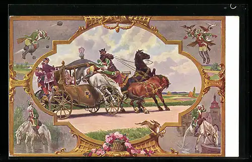 Künstler-AK Paul Hey: Münchhausen, Sprung mit Pferd durch eine Kutsche