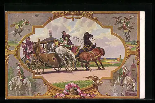 Künstler-AK Paul Hey: Münchhausen beim Sprung mit Pferd durch eine Kutsche