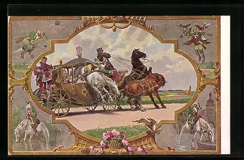 Künstler-AK Paul Hey: Münchhausen beim Sprung mit Pferd durch eine Kutsche, Ritt auf der Kanonenkugel
