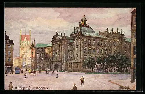 Künstler-AK Richard Wagner: München, Justizgebäude mit Passanten