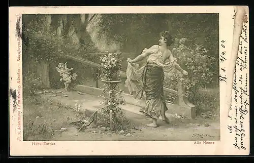 Künstler-AK Hans Zatzka: Alle Neune, Dame beim Kegeln mit begeistertem Amor