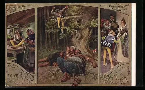 Künstler-AK Paul Hey: Das tapfere Schneiderlein, Szenen aus dem Märchen, Schlafende Riesen