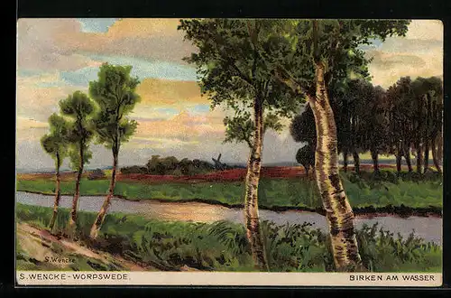 Künstler-AK Sophie Wencke: Worpswede, Birken am Wasser