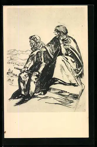 Künstler-AK Kunstwart: Die Alten - Altes Paar vor Landschaft