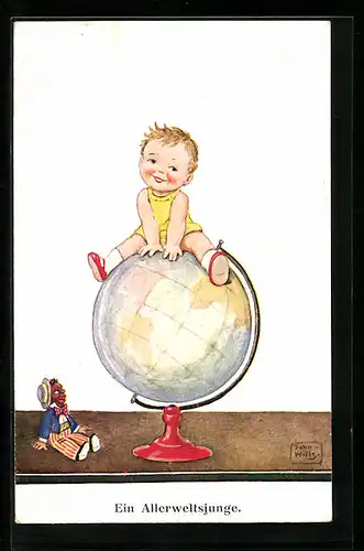 Künstler-AK John Wills: Allerweltsjunge auf einem Globus