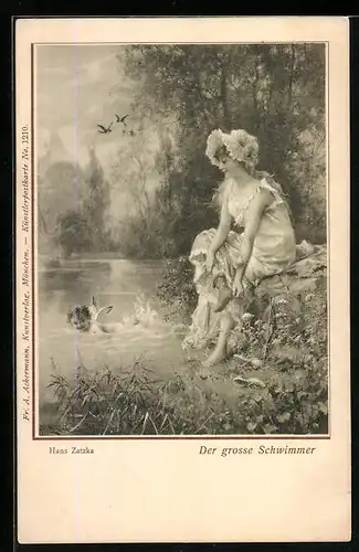 Künstler-AK Hans Zatzka: Amor fordert Schöne zum Bade auf