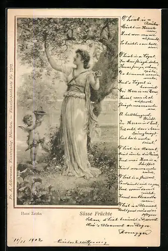 Künstler-AK Hans Zatzka: Frau sammelt süsse Früchte mit Amor