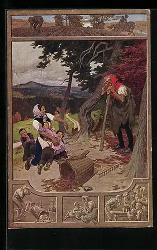 Künstler-AK Paul Hey: Rübezahl macht einer Frau und ihren Kindern Angst