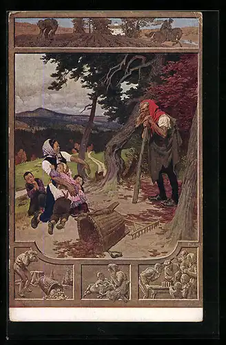 Künstler-AK Paul Hey: Mutter und drei Kinder ängstigen sich vor Rübezahl