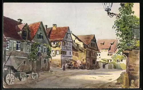 Künstler-AK J. Marschall: Tübingen, Jakobsgasse, Strassenansicht mit Kutsche