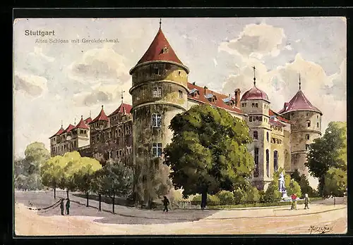 Künstler-AK J. Marschall: Stuttgart, Altes Schloss mit Gerokdenkmal