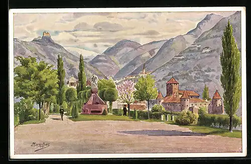 Künstler-AK J. Marschall: Bozen, König Laurin-Denkmal, Blick gegen Sarner Scharte