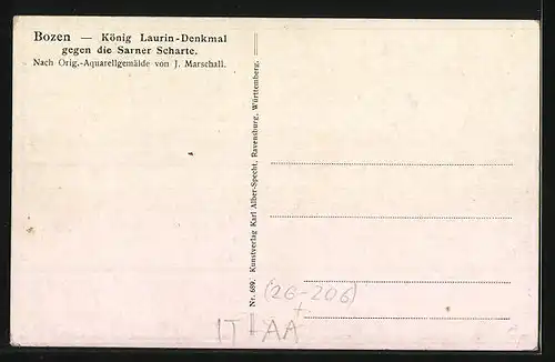 Künstler-AK J. Marschall: Bozen, König Laurin-Denkmal, Blick gegen Sarner Scharte