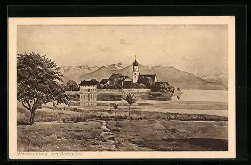 Künstler-AK J. Marschall: Wasserburg am Bodensee, Ortsansicht gegen die Alpen