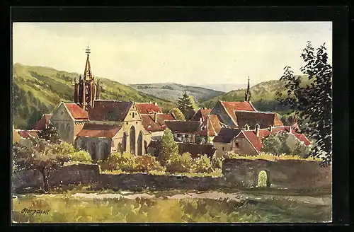 Künstler-AK J. Marschall: Tübingen-Bebenhausen, Blick auf die Ortschaft