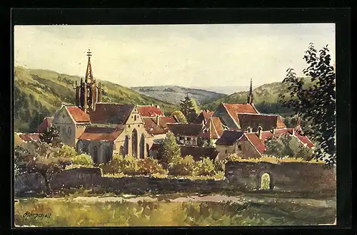 Künstler-AK J. Marschall: Tübingen-Bebenhausen, Panoramablick auf den Ort