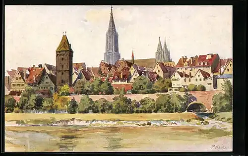 Künstler-AK J. Marschall: Ulm an der Donau, Blick von der Donau zum Dom