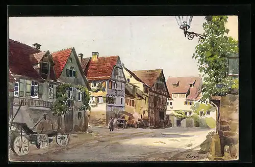 Künstler-AK Tübingen, Jakobsgasse, Strassenansicht mit Kutsche