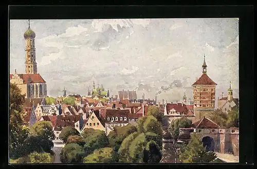 Künstler-AK J. Marschall: Augsburg, St. Ulrichskirche und Rotes Tor
