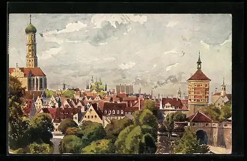 Künstler-AK J. Marschall: Augsburg, St. Ulrichskirche und Rotes Tor