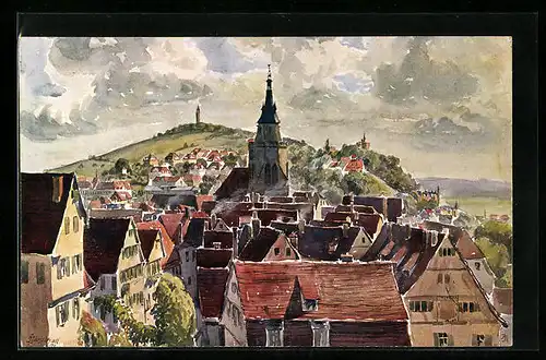 Künstler-AK J. Marschall: Tübingen, Blick vom Schloss auf die Ortschaft