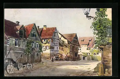 Künstler-AK Tübingen, Jakobsgasse, Strassenansicht mit Kutsche