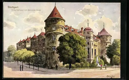 Künstler-AK J. Marschall: Stuttgart, Altes Schloss und Gerokdenkmal