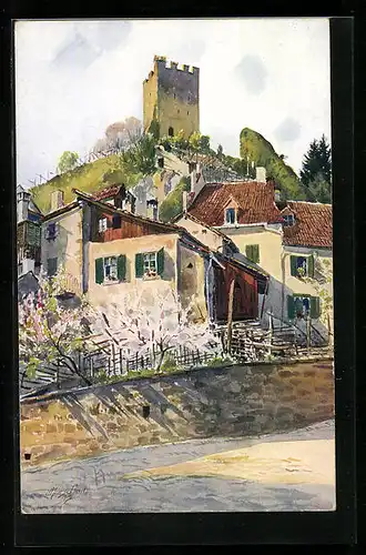 Künstler-AK J. Marschall: Meran, Ruine Pulverturm am Tappeinerweg