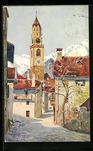 Künstler-AK J. Marschall: Meran, Hallergasse mit Blick zum Kirchturm