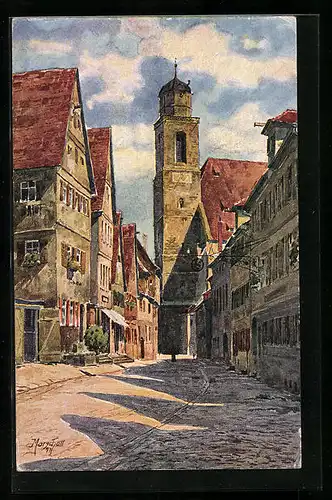 Künstler-AK J. Marschall: Dinkelsbühl, Turmstrasse mit Kirchturm