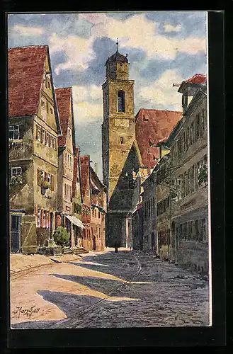 Künstler-AK J. Marschall: Dinkelsbühl, Turmstrasse mit Blick zum Kirchturm