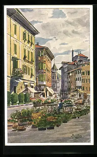 Künstler-AK J. Marschall: Bozen, Obstmarkt im Sonnenschein