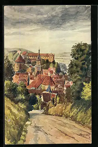 Künstler-AK Tübingen, Blick auf den Ort vom Oesterberg