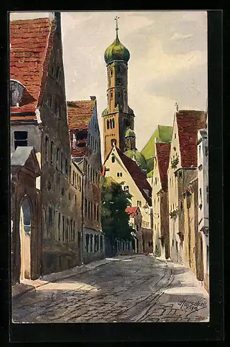 Künstler-AK J. Marschall: Augsburg, die Kirche von der Kohlergasse gesehen