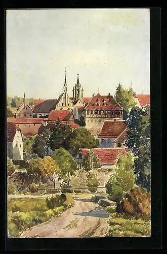 Künstler-AK J. Marschall: Tübingen, Schloss Bebenhausen im Stadtbild