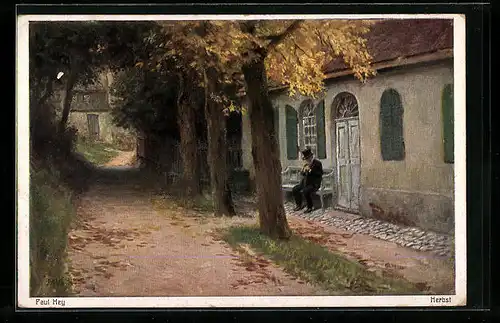 Künstler-AK Paul Hey: Herbst - Alter Mann beim Schläfchen auf einer Bank