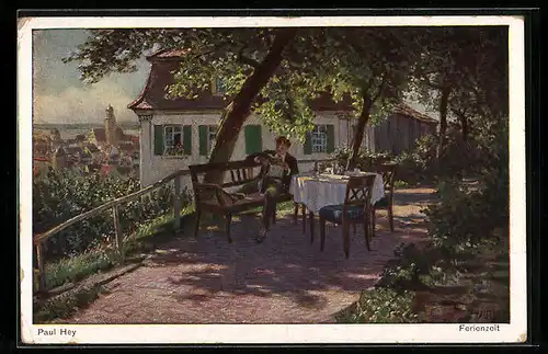 Künstler-AK Paul Hey: Ferienzeit, Lesender auf der Terrasse