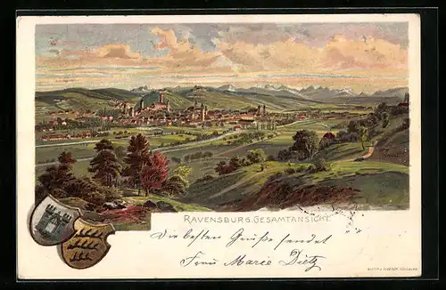 Lithographie Ravensburg, Gesamtansicht aus der Vogelschau