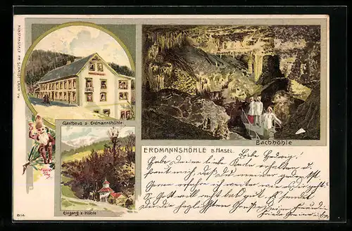 Lithographie Hasel, Erdmannshöhle, Eingang zur Höhle und Gasthaus, Zwerg