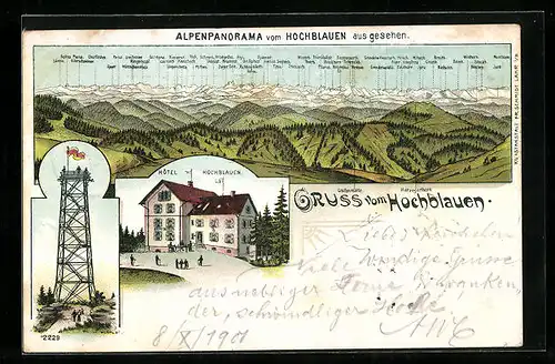 Lithographie Badenweiler, Alpenpanorama vom Hochblauen, Kurhotel Hochblauen